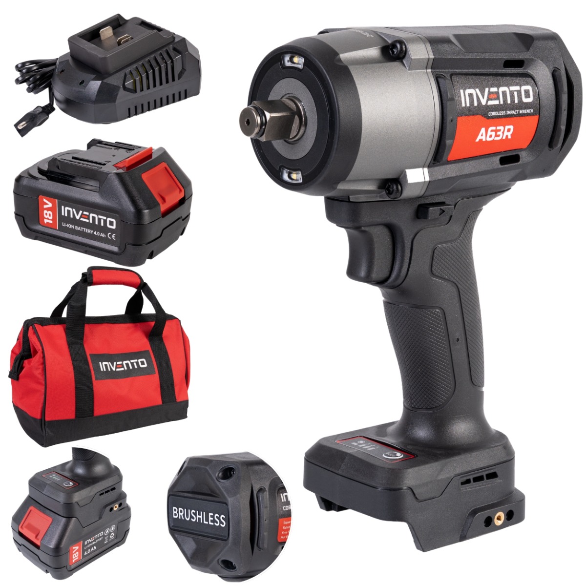 INVENTO A63R 1/2″ Cordless impact wrench 1180Nm set in BAG + 3 impact sockets for alu wheels